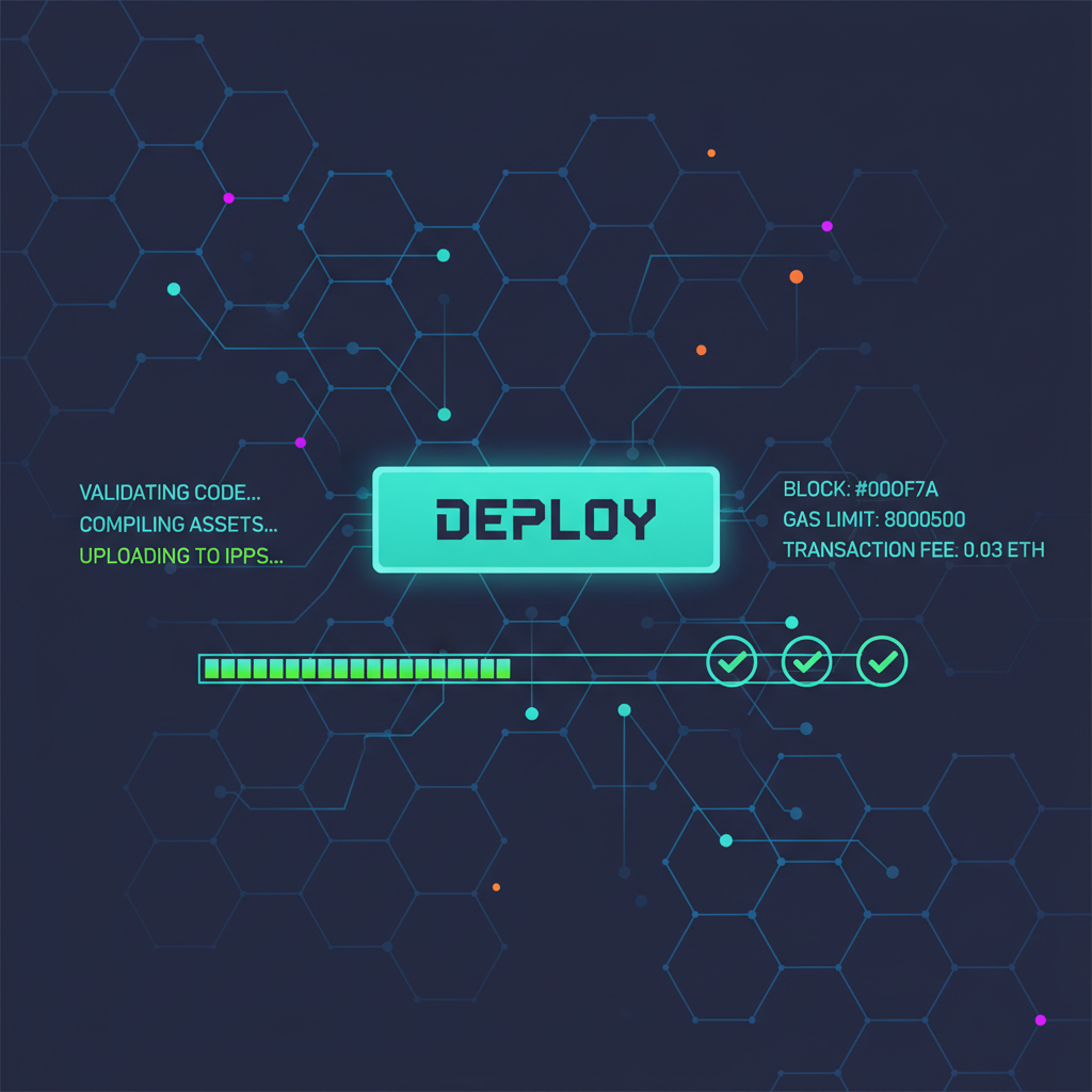 /imagine prompt: deploy button on blockchain console, progress bar loading, green success indicators, cyberpunk style --ar 16:9