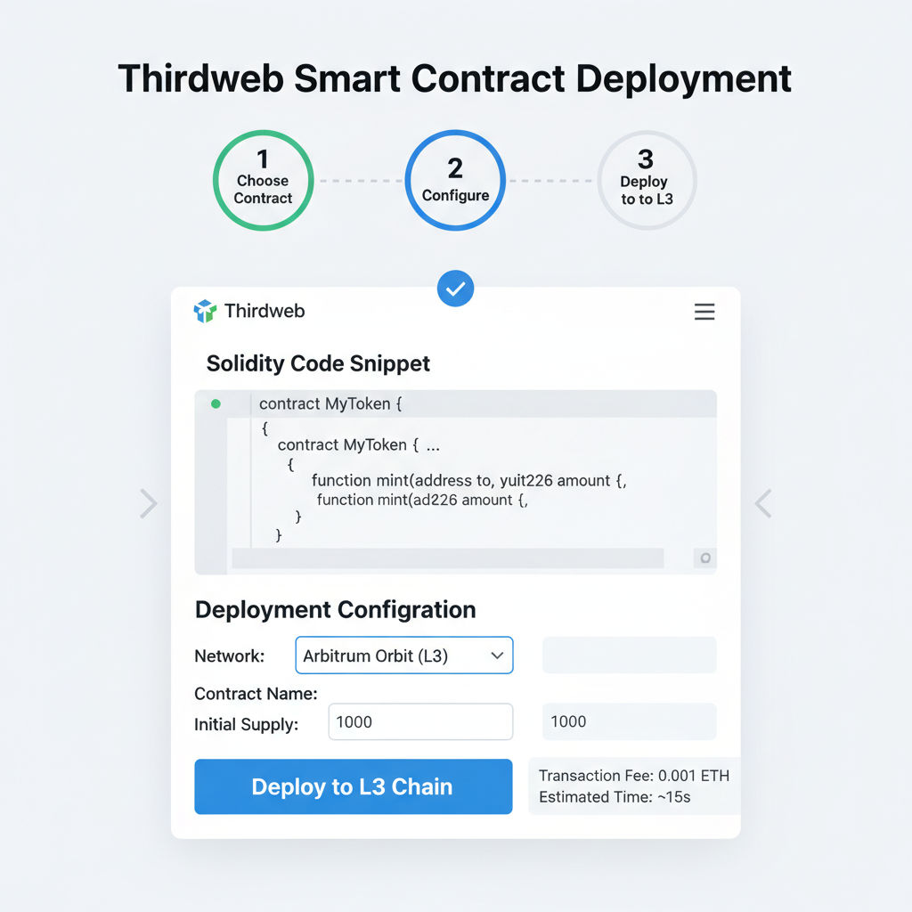 Smart contract deployment UI on thirdweb, code snippets deploying to L3 chain