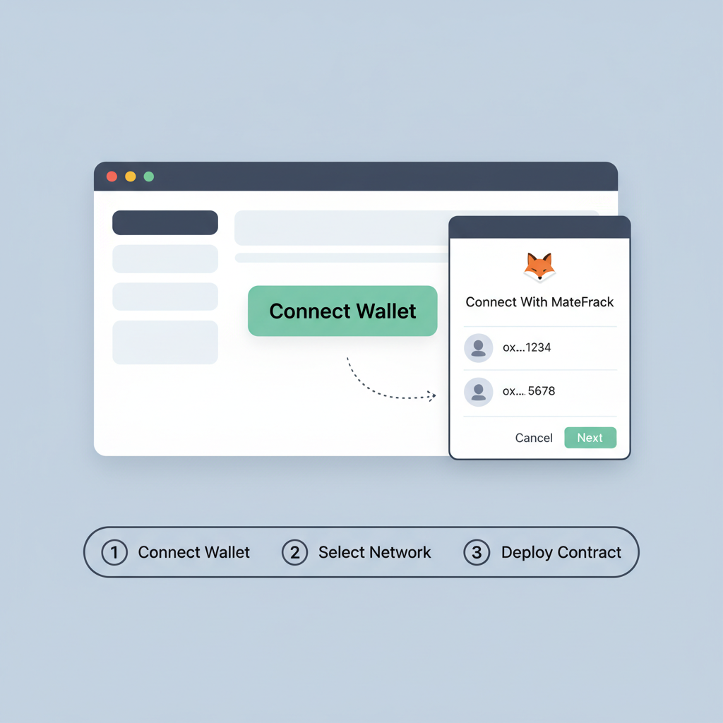 Blockchain deployment dashboard with 'Connect Wallet' button and MetaMask popup
