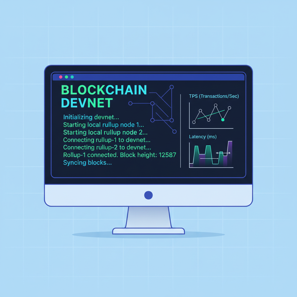 terminal running blockchain devnet, local rollup nodes connecting, performance graphs