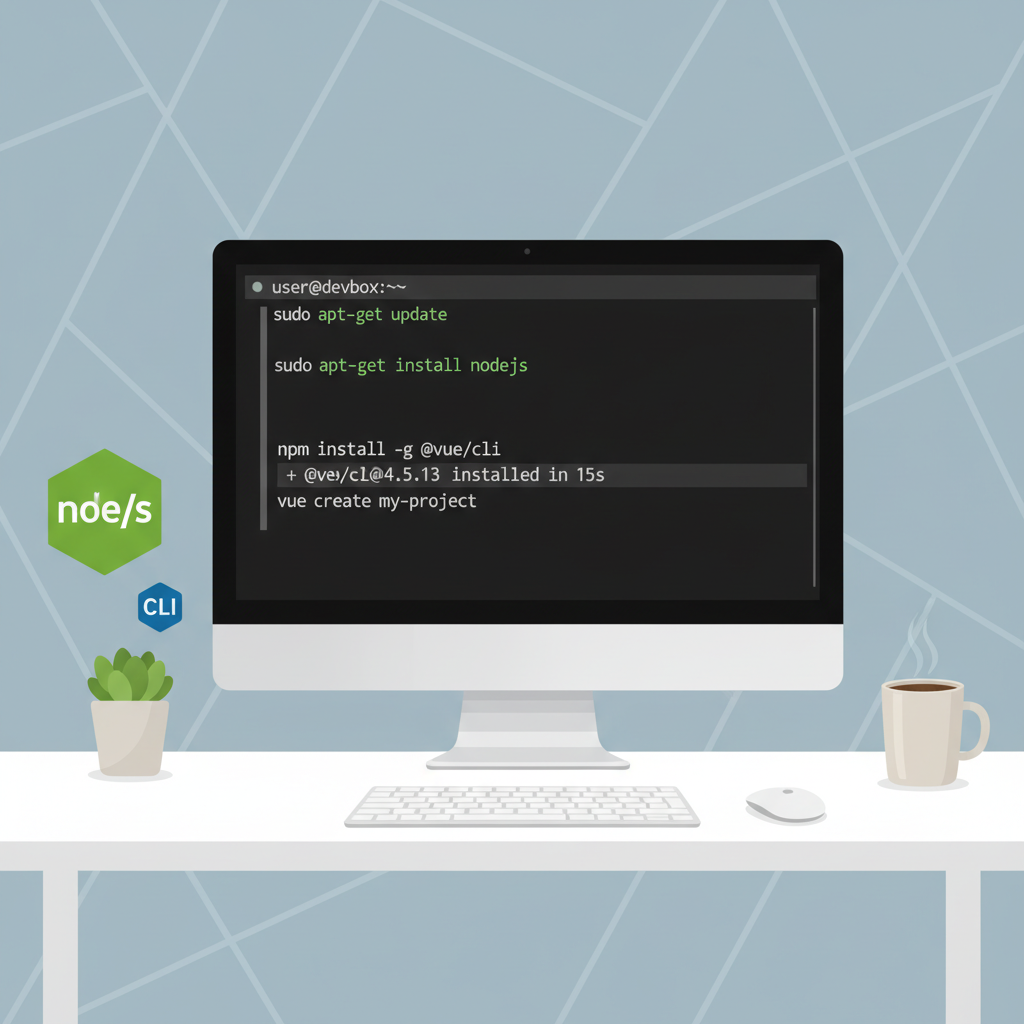 developer terminal setup with Node.js and CLI installs, clean tech workspace