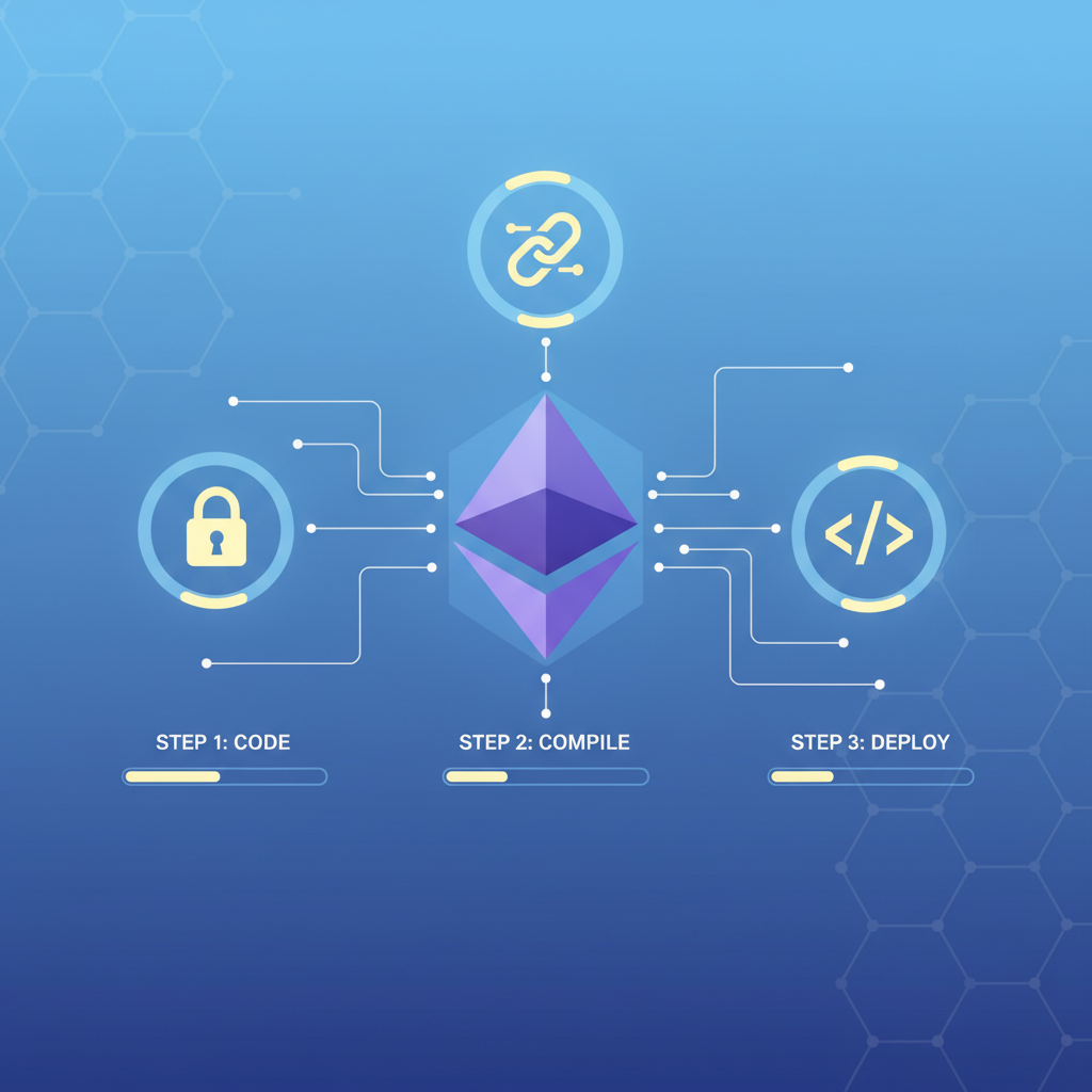 blockchain contracts deploying on Ethereum, glowing smart contract icons