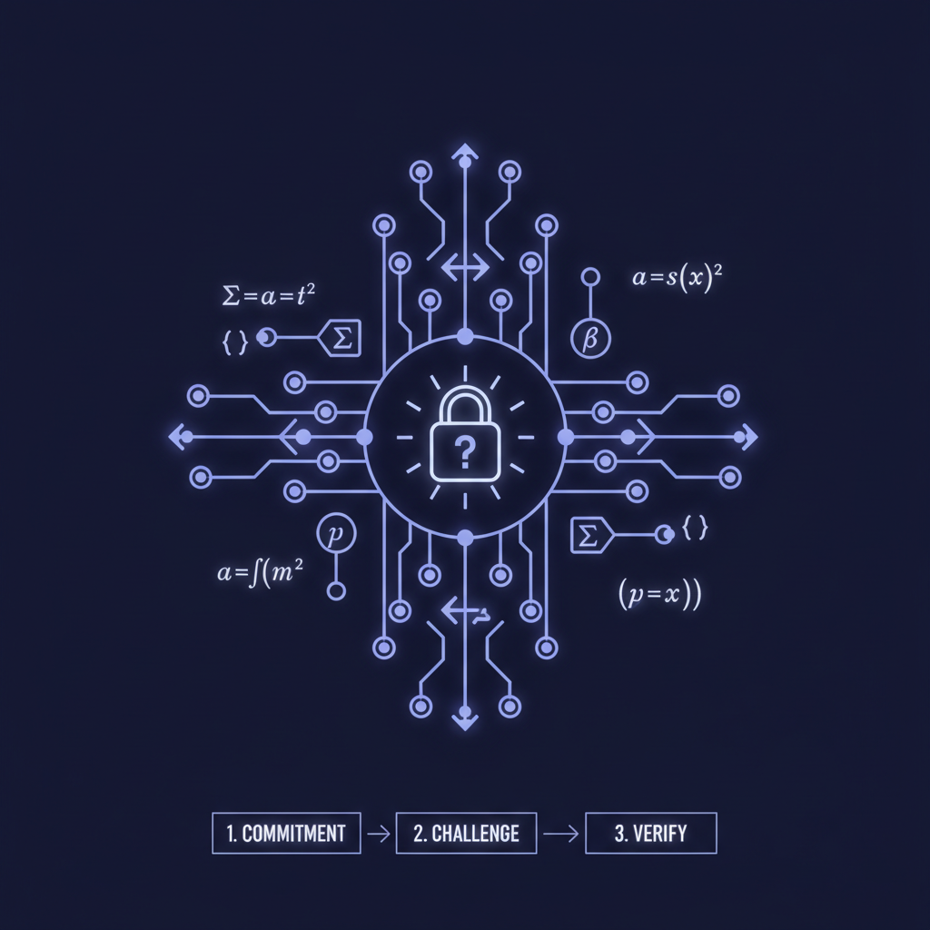 abstract ZK proof circuit glowing with math equations, zero-knowledge symbols