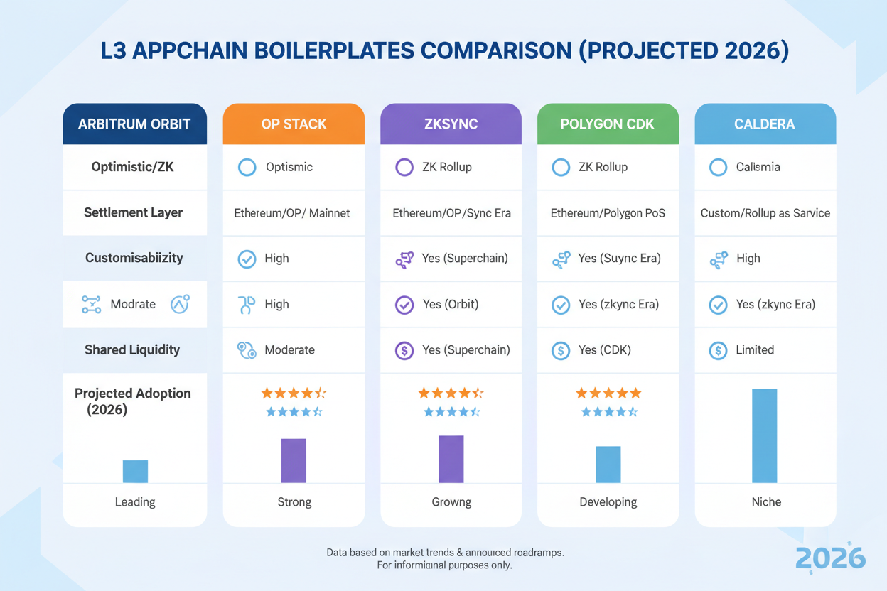 Infographic comparing key features of top 5 L3 appchain boilerplates for 2026 launches: OP Stack L3 Boilerplate, Arbitrum Orbit Stack, Polygon CDK Template, zkSync ZK Stack, Caldera Metalayer Kit, highlighting market adoption, gas optimization, security, and deployment speed