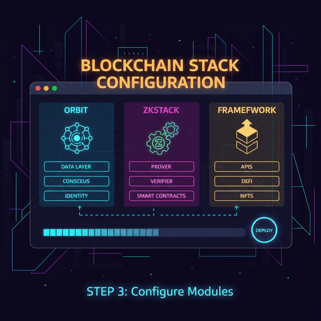 configuring blockchain stack dashboard with orbit and zkstack icons, neon cyberpunk style