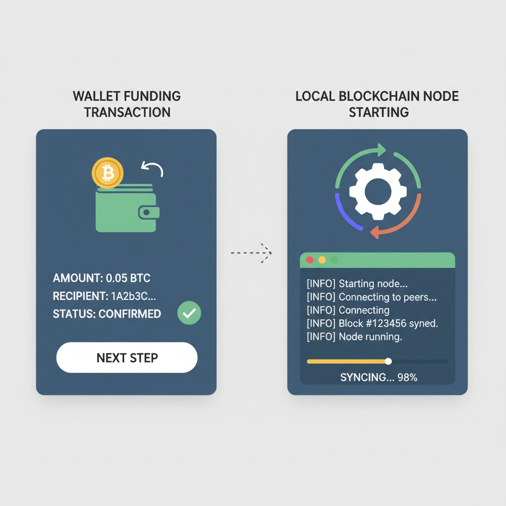 Wallet funding transaction and local blockchain node starting screen