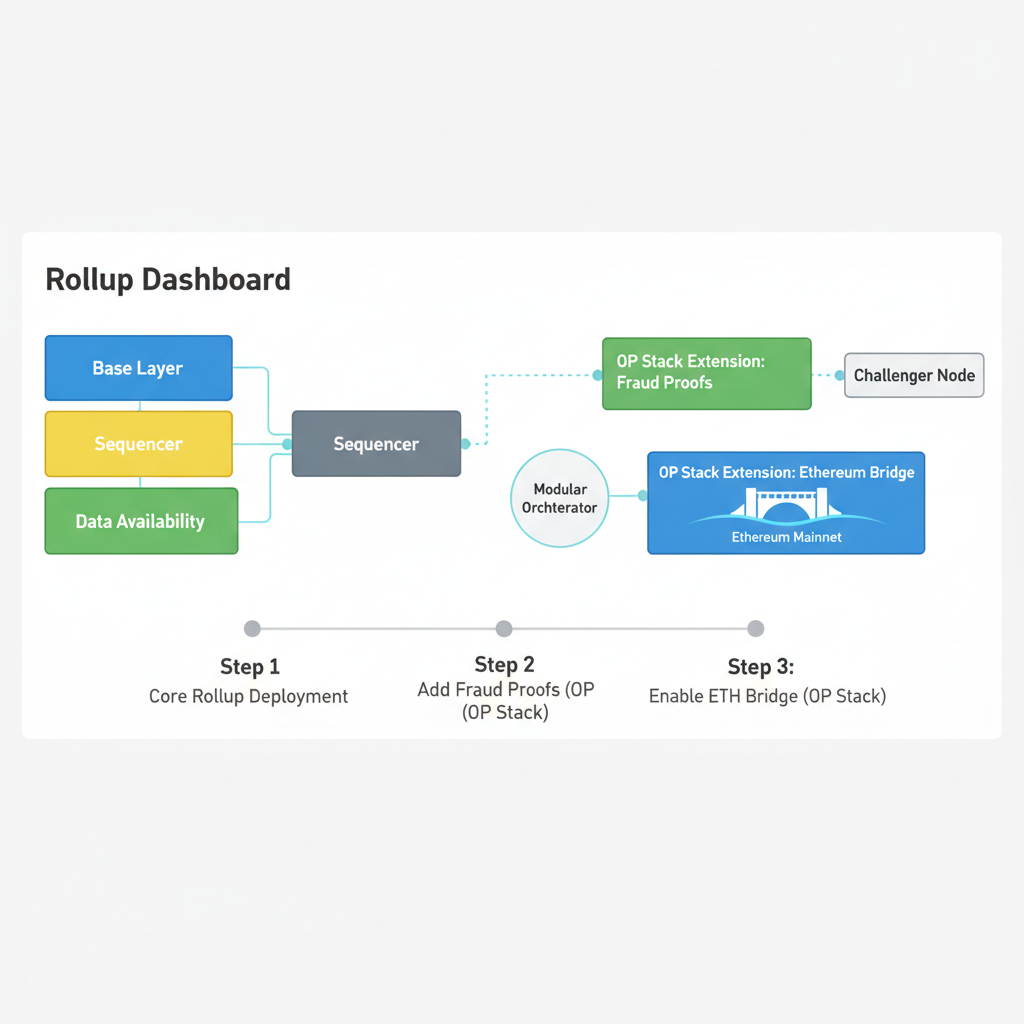 /imagine prompt: integrating OP Stack extensions in rollup dashboard, modular blocks connecting, Ethereum bridge visuals --ar 16:9