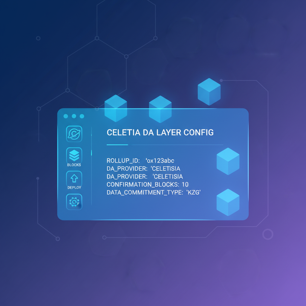 futuristic config file editor blockchain DA layer celestia icons glowing
