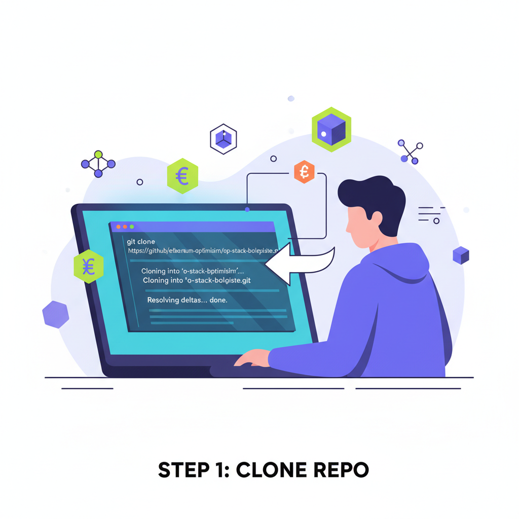 developer cloning OP Stack boilerplate repo on laptop, code terminal screen, futuristic blockchain icons