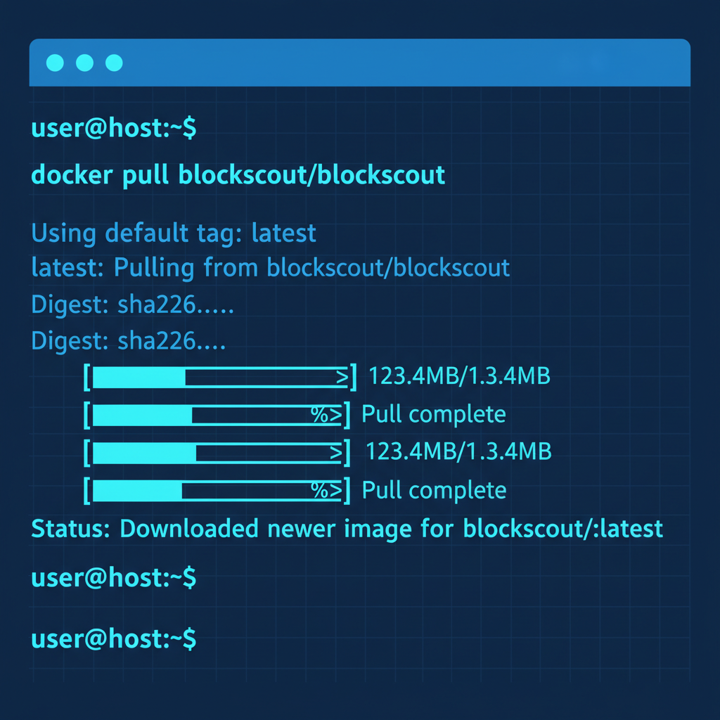 terminal screen showing docker pull blockscout image succeeding, clean UI, tech blue tones